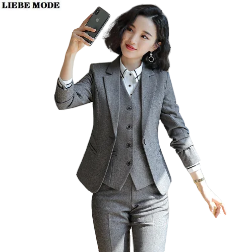 Work Wear 3 Three Piece Set Women Jacket+Vest+Trouser Formal Pant Suit Office Lady Uniform Design Business Black Grey Pantsuits