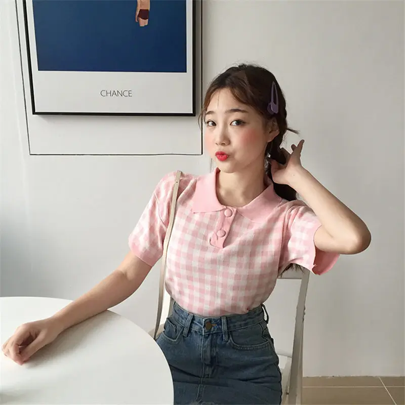 

Women Short Sleeve Plaid Knit Top Ladies Summer Fashion Tops for Shopping Travel Party