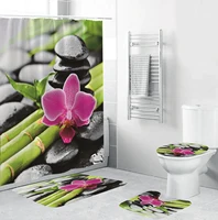 Zen Stone Flower Bamboo Fabric Bathroom Shower Curtain Sets Non Slip Pattern Waterproof Toilet Shower Curtains Cover Mat Set