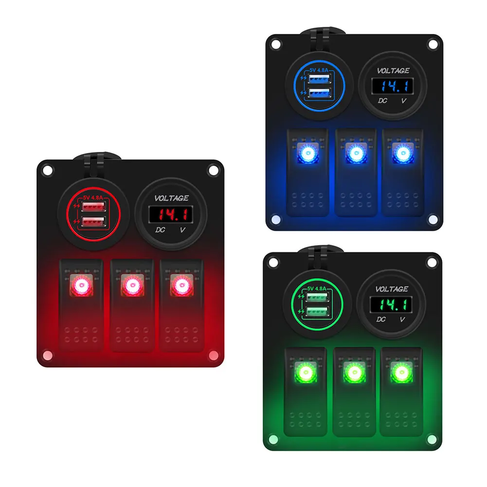 

Waterproof DC 12V-24V Blue 3 Gang LED Rocker Switch Panel Circuit Breaker USB Voltmeter & Power Charger For RV Car Marine Boat