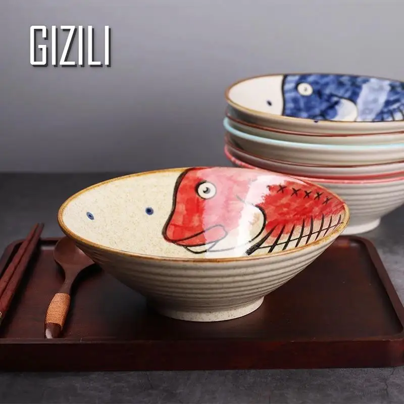 

Japanese Style Ramen Bowl Restaurant Noodle Tableware High Capacity Kitchen Ceramic Salad Soup Bowl Food Container Dinnerware