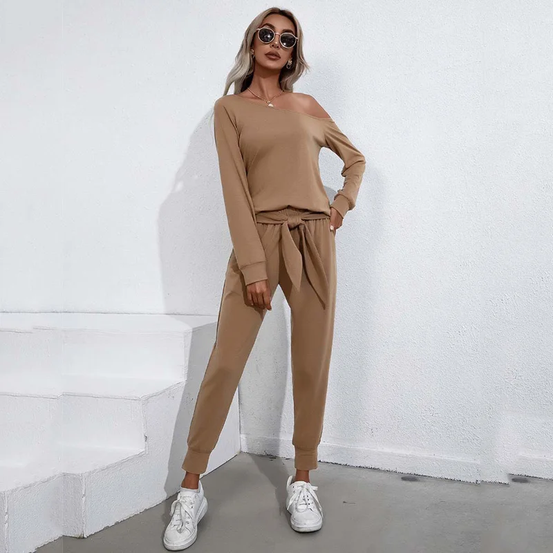 

2021 Autumn Knitted Pajamas Set Women Off Shoulder Home Sleepwear for Women Home Suits Set Pajamas Ladies Lounge Wear