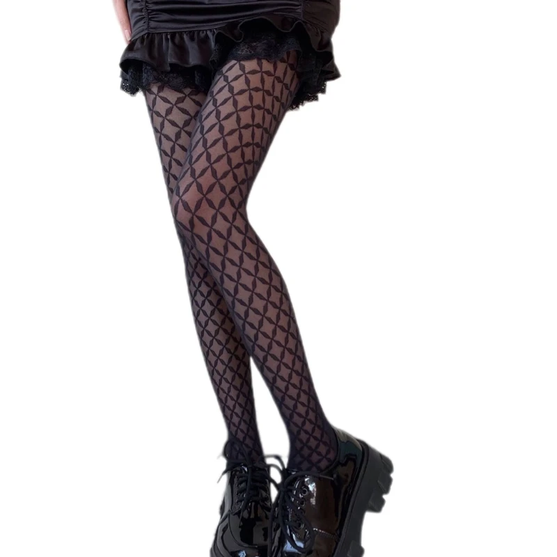 

MXMA Women Dark Goth Sexy Transparent Pantyhose Japanese Style Diamond Plaid Star Pattern Sheer Tights Harajuku Lolita Jacquard