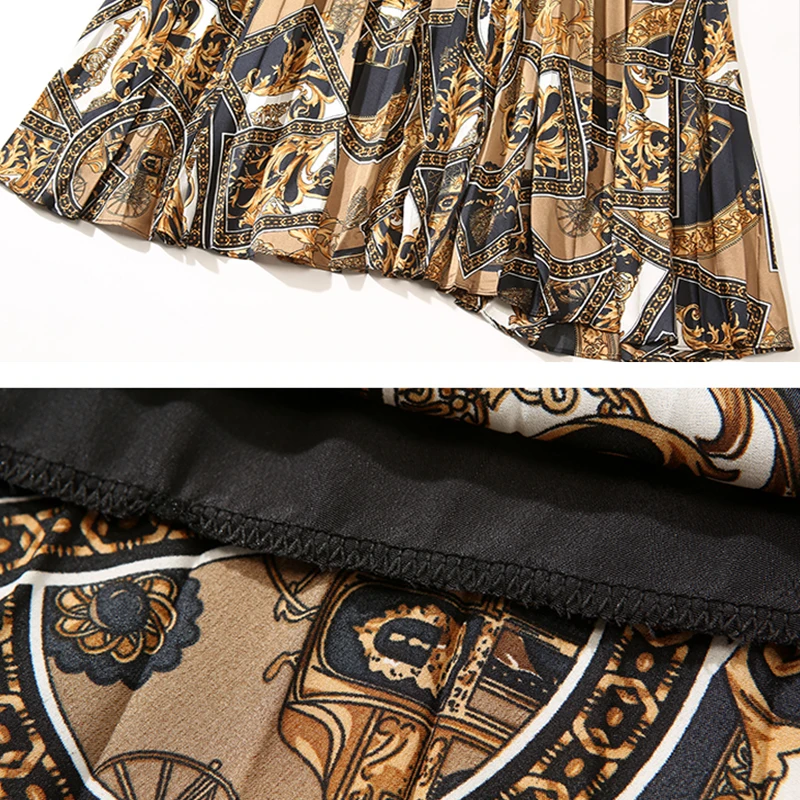 

Spring New 2pcs Suit for Woman V-neck Knit Top Print Pleated Mid Skirt Sets Woman Ladies Elegant Set Suits