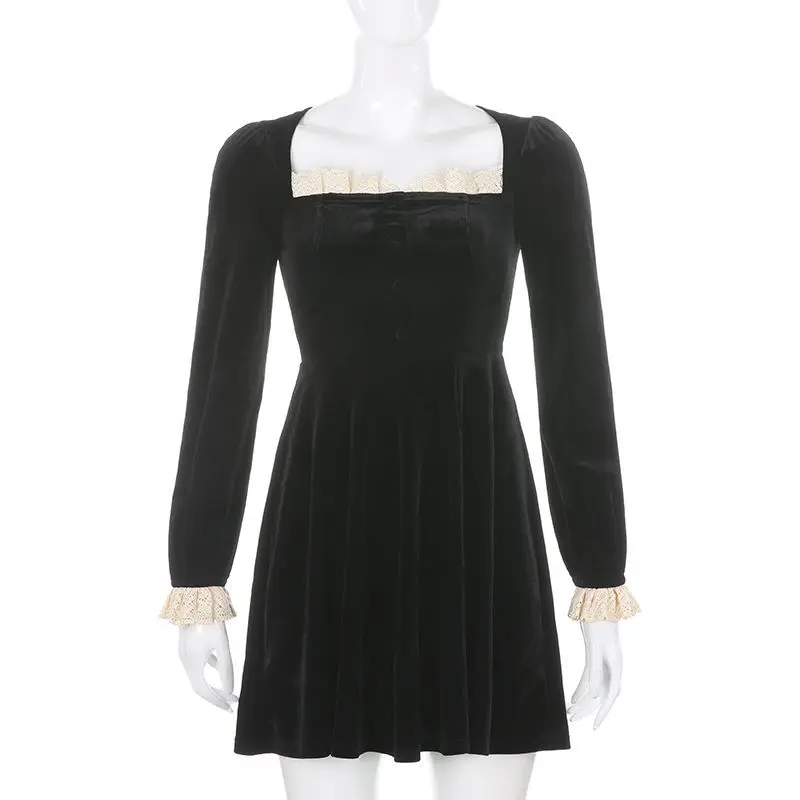 

Spring Goth Dress Women Elegant Vintage Retro Party Mini Dress Female French Lace Patchwork Hepburn Korean Dress Women 2021 New