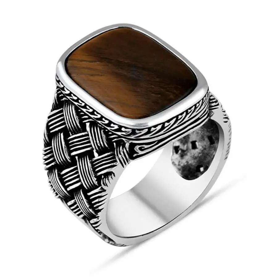 

Sterling Silver Ottoman Silver,,Handmade Man Ring (Tiger Eyes) 925k Sterling Silver Made in Turkey Outstanding Gift