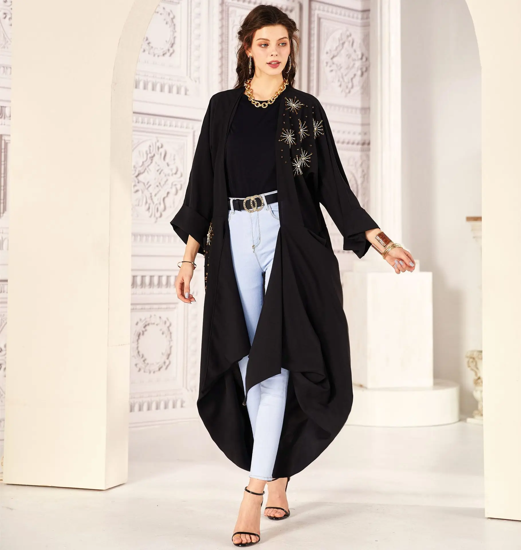 Muslim Dress Women Hand Sewn Bead Tube Jacket Middle East Muslim Fashion Abaya Dubai Abaya Turkey Muslim Long Dresses