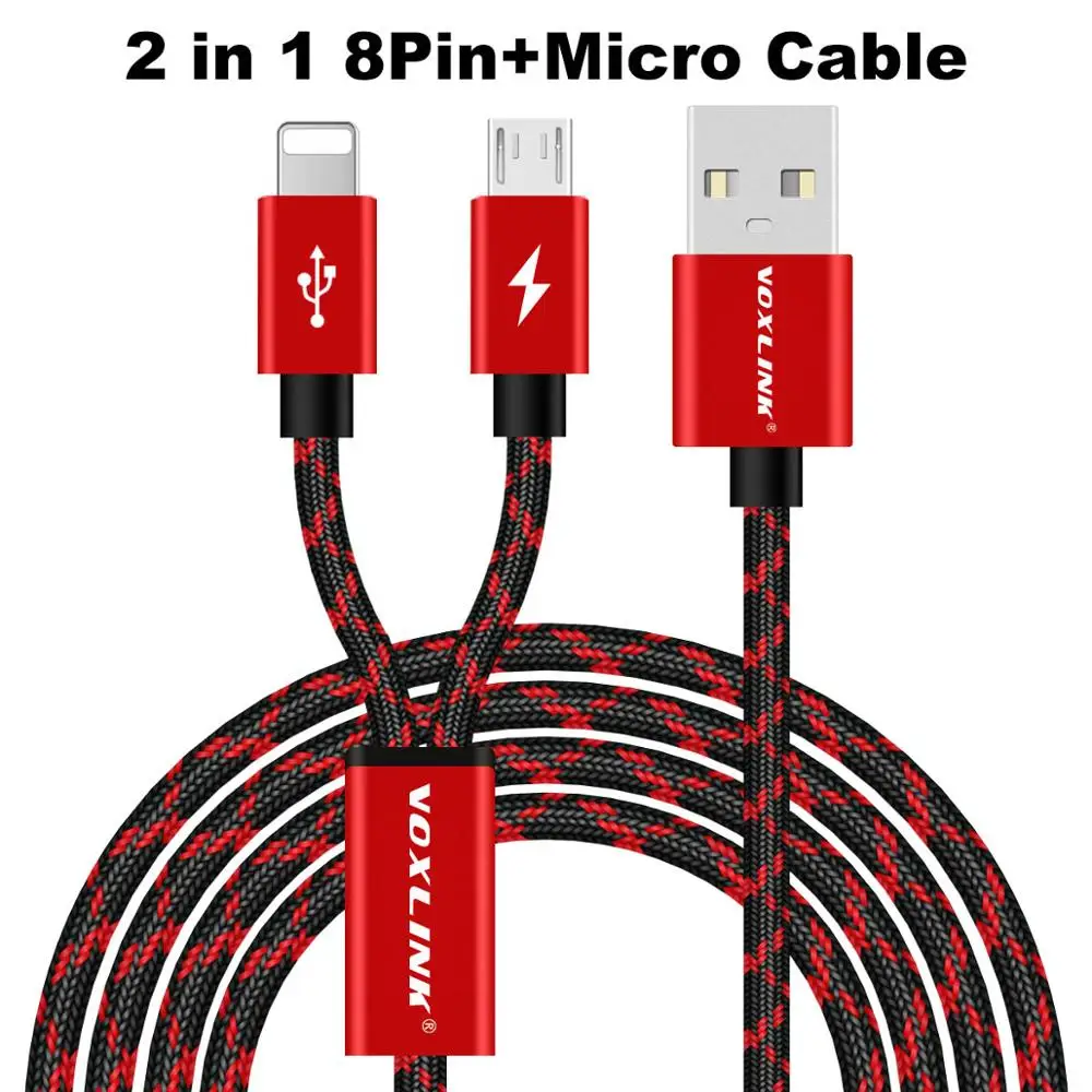 VOXLINK 2 в 1 USB кабель Micro 8Pin usb кабель для зарядки и передачи данных для iPhone x 8 8plus 6 6s samsung htc huawei Xiaomi USB TypeC кабель - Цвет: Red Micro 8pin