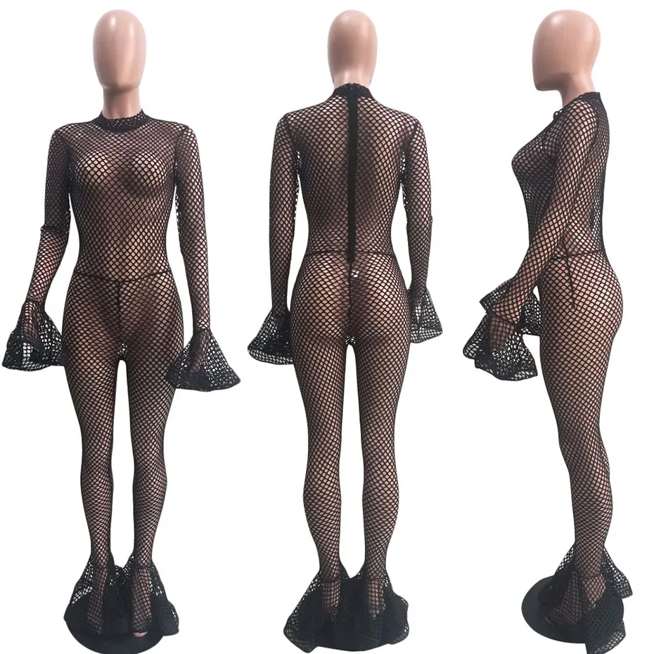 HAOYUAN Sexy Fishnet Sheer Rompers Womens Jumpsuit Long Sleeve Bodycon Overalls Festival Clothing Fall Club One Piece Jumpsuit