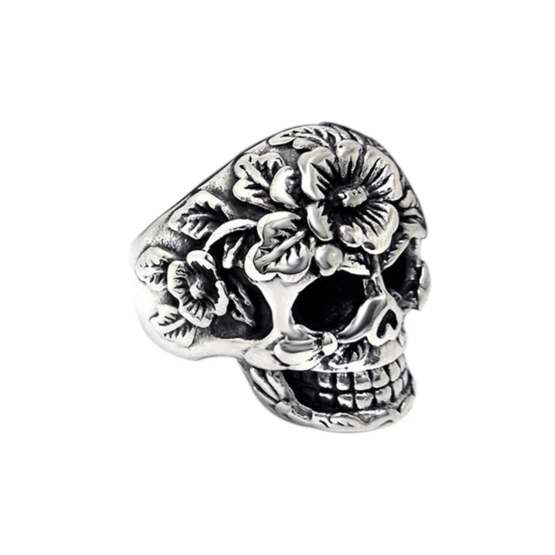 

Men Jewelry Vintage Embossed Flower Stainless Steel Mens Punk Ring Retro Gothic Skull Ring For Men Accessories