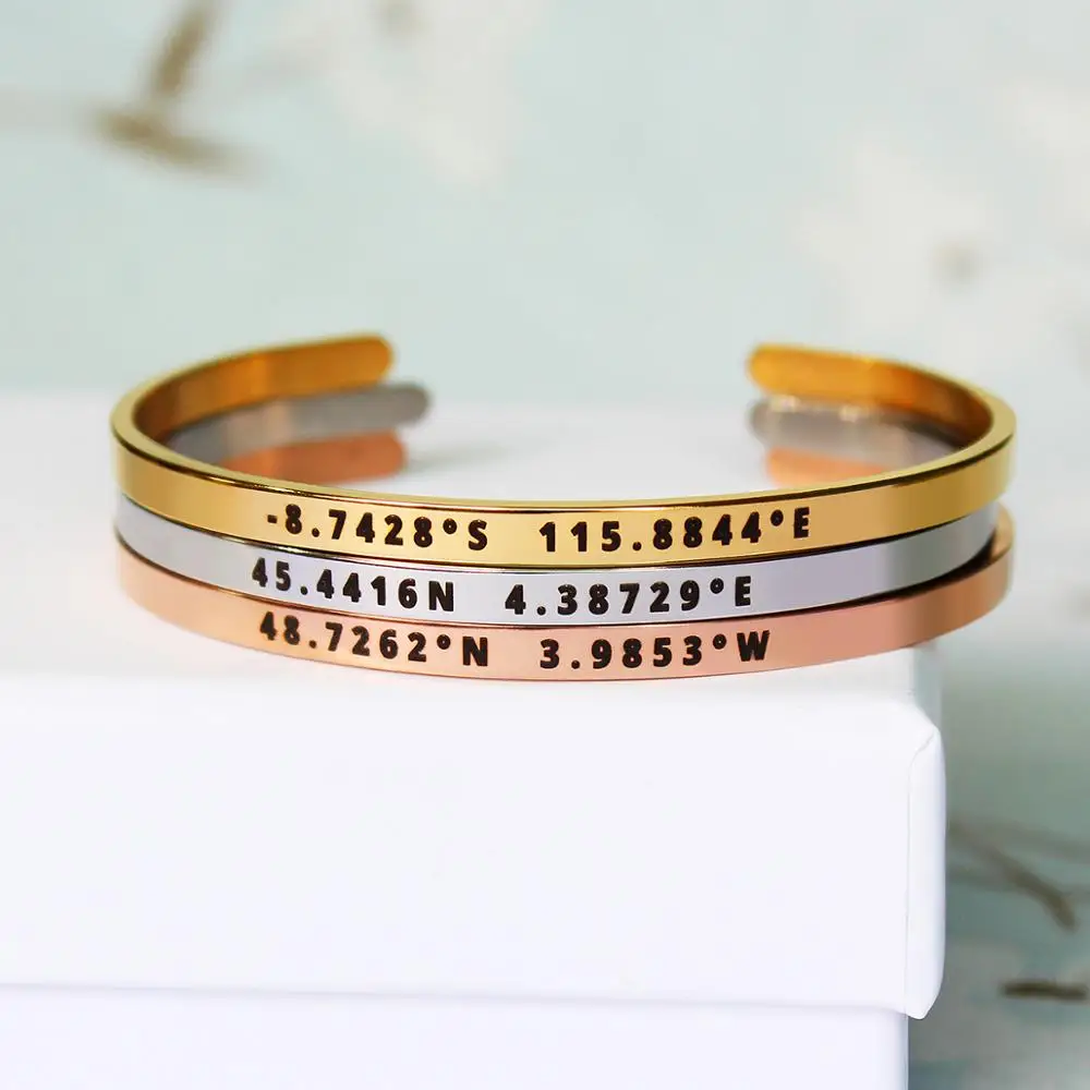 

4mm Width Stainless Steel custom Personalized coordinate Bangles Laser Engrave Adjustable Open Cuff Travel bracelet Gift SL-161