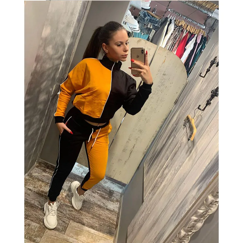 

Fall Clothes Sexy Two Piece Set Women Stitching Long Sleeve Crop Tops+Pants Sets Lounge Sports Club Outfit Streetwear Wholesale