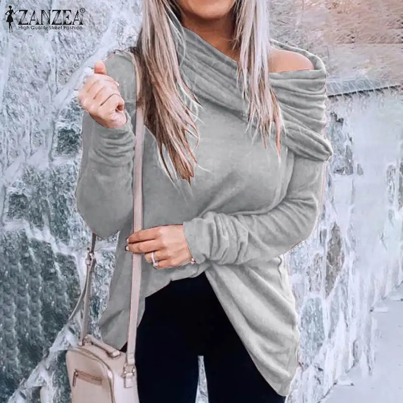 

ZANZEA Women Fashion OL Blouse Shirts 2022 Spring Autumn Long Sleeve Tops Knitted Oversized Casual Solid Loose Blusa Femininas