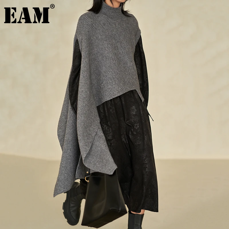 

[EAM] Gray Irregular Big Size Knitting Sweater Turtleneck Short Sleeve Women Pullovers New Fashion Autumn Winter 2021 1DE3479