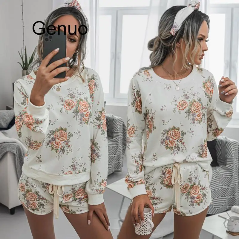 

Womail Tracksuit Women Fashion Print Casual Long Sleeve Tshirt+Shorts Set Loose Tracksuit Harajuku 2 Pieces Outfits Holiday