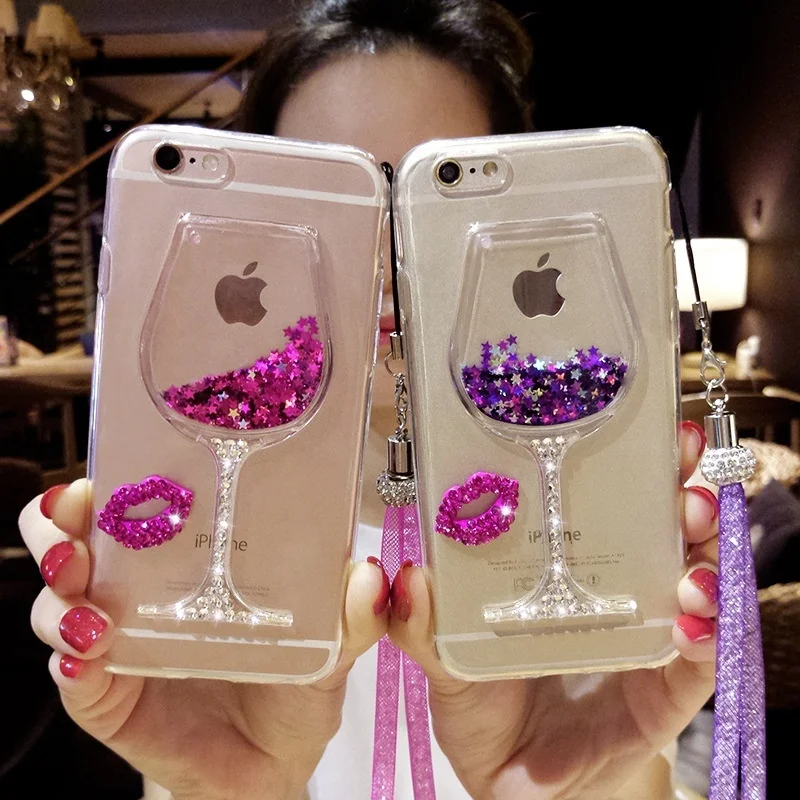 For iPhone 11 Pro X XS MAX XR 6 6S 7 8 Plus 5 SE 2020 Case Liquid Quicksand Bling Rhinestone Wine Glass Cover Hang Rope |