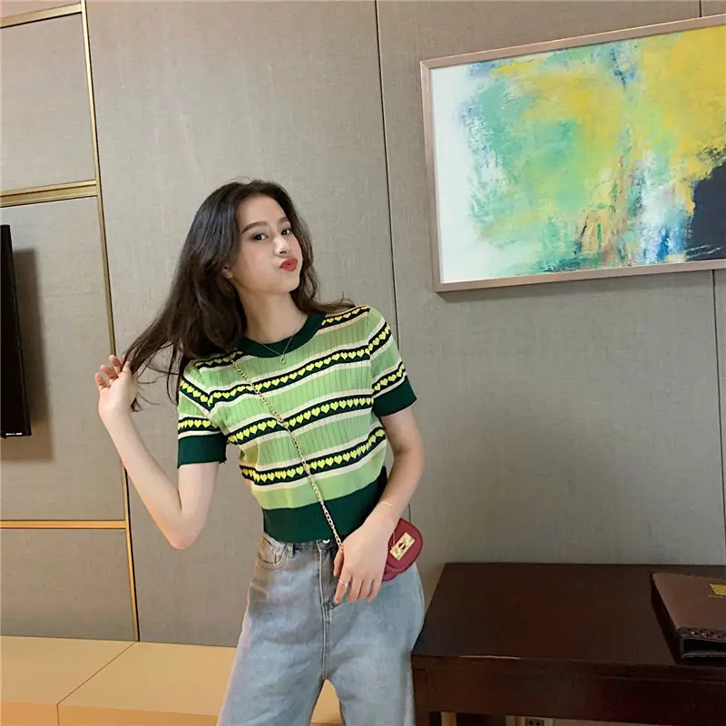 

Women's Jacquard Short Sleeve T-Shirt, Korean Version, Summer 2021, Avocado Green, Love, Openwork