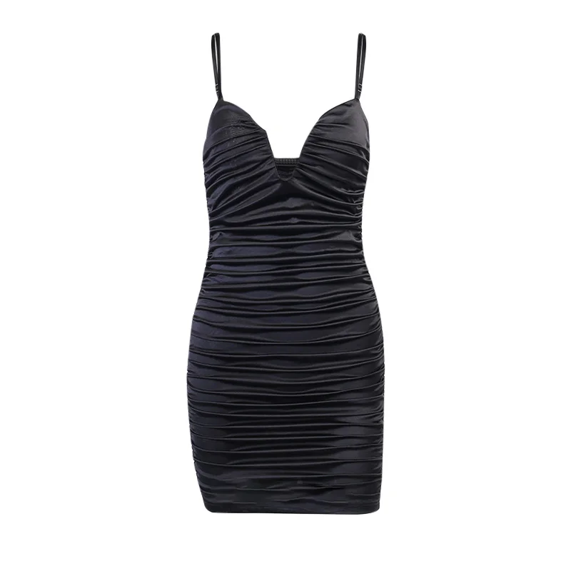 

Sexy Elegant Women Dress V-Neck Sleeveless Spaghetti Strap Folds Solid Party Satin Female Fashion Streetwear Mini Dress