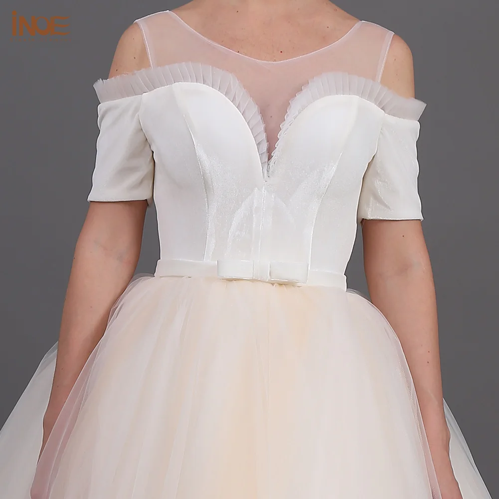 

INOE Fashion Women Princess Wedding Dress Bow Ball Gown Floor Length Lace Organza Sweetheart Neck Short Sleeves Ruffle for Party
