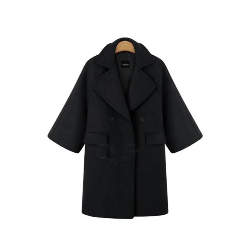 Женское шерстяное пальто Черное длинное с отложным воротником двубортное в