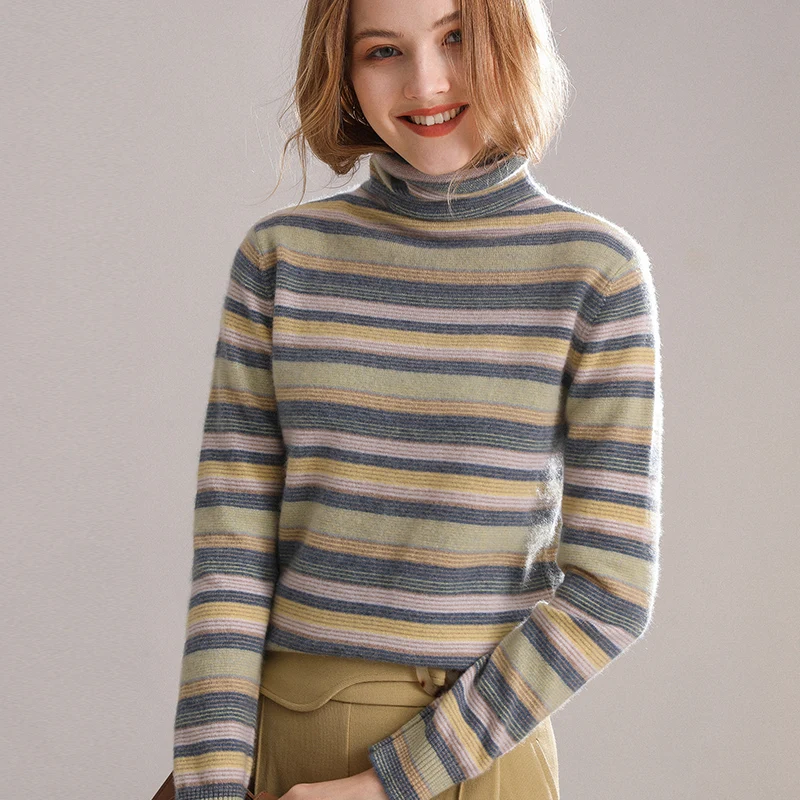 Autumn and winter new fashion color matching cashmere sweater women's bottoming jacket 100% pure | Женская одежда