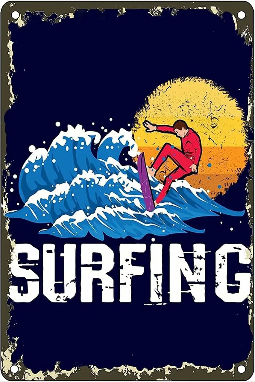 

Metal Tin Sign Wall Sign Surfing Beach Poster Art Poster Decoration Old-fashioned Retro Square Metal Tin Plate 8X12 Inches