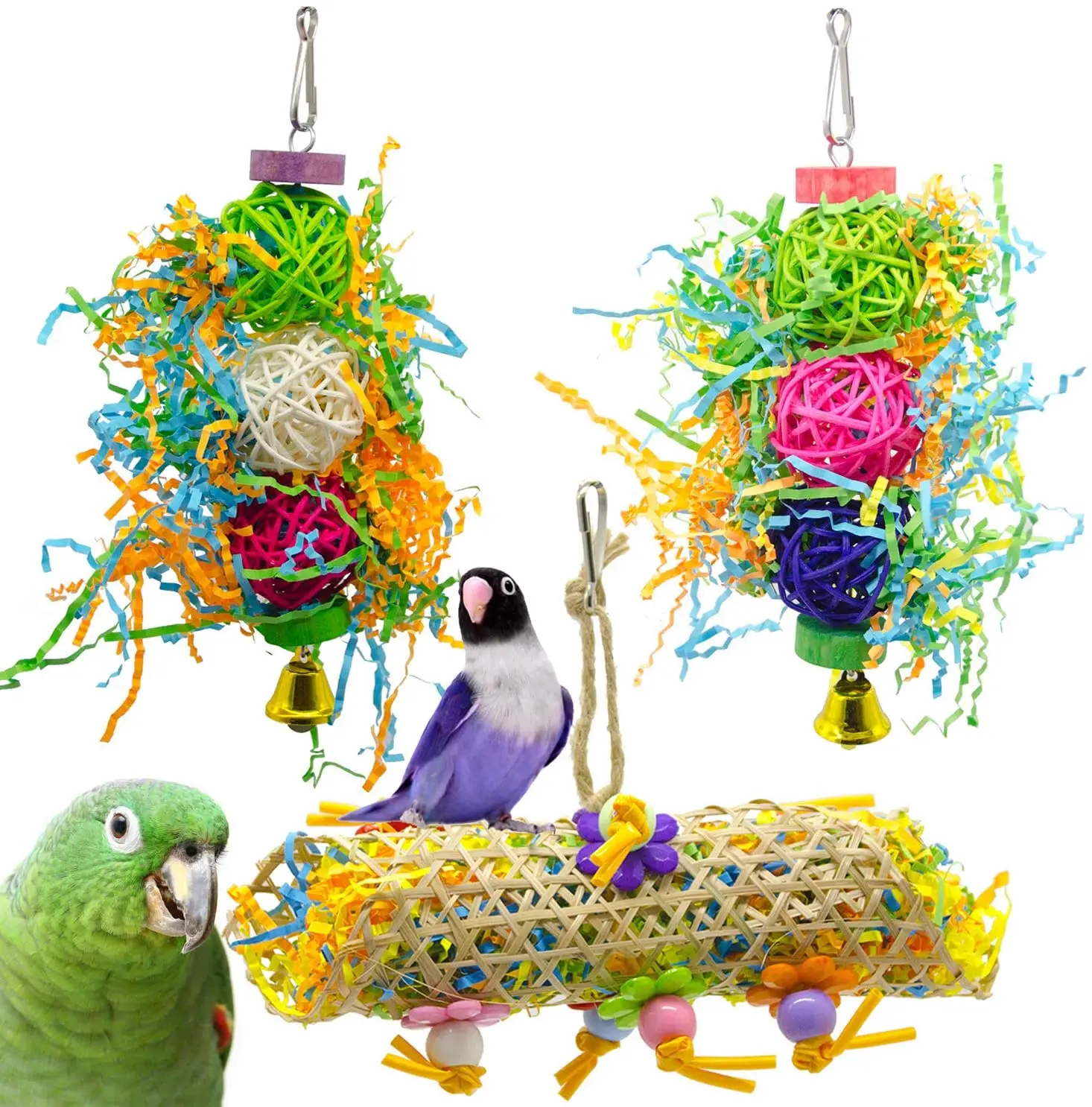 

3PCS Bird Chewing Toys Foraging Shredder Toy Parrot Cage Shredder Toy Bird Loofah Toys Foraging Hanging Toy for Cockatiel Conure