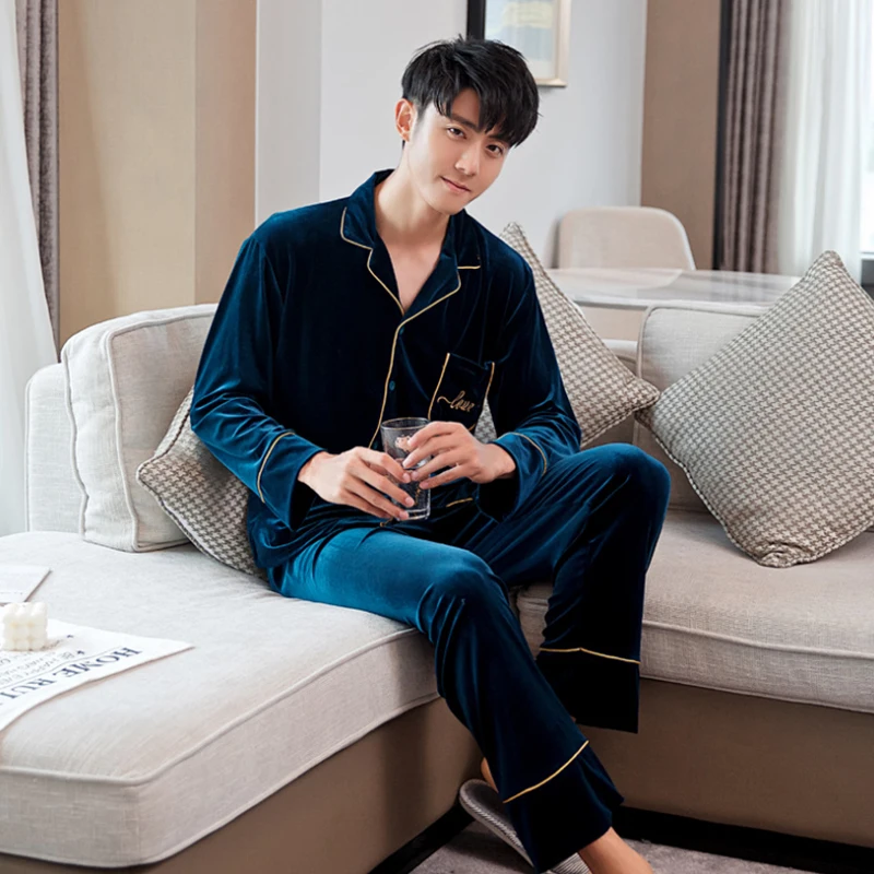 

Men's Pajamas Gold Velvet Pajamas Set Nightgown Long Top&Long Pants Elastic Waist Pajamas 4 Colors Home Clothing Sleepwear