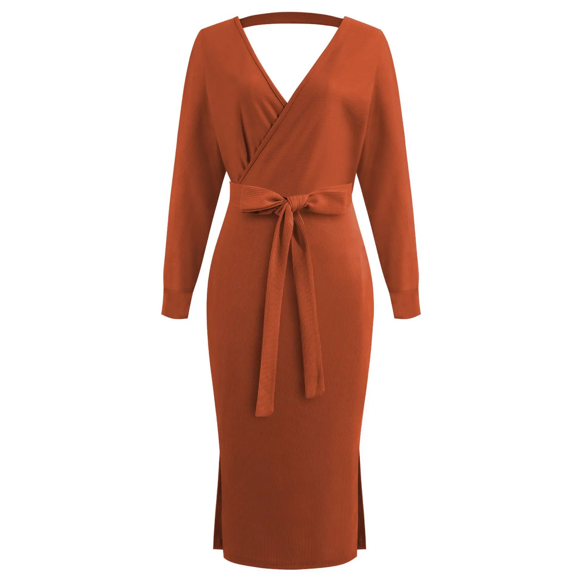 

Spring Sexy V-Neck Lace Up Sashes Long Sleeve Dress Elegant Women Solid Casual Slim Package Hip Side Split Mid Party Vestido 3XL