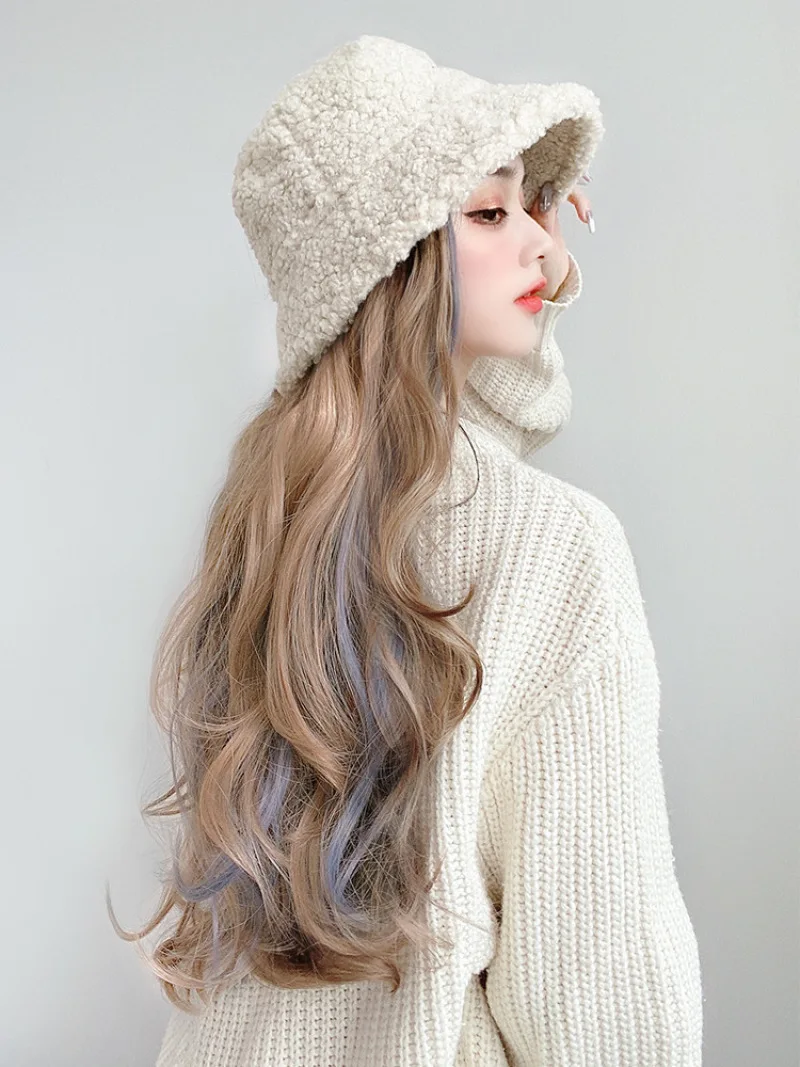 Женская шерстяная шляпа парик из длинных волос интегрированная синяя с длинными