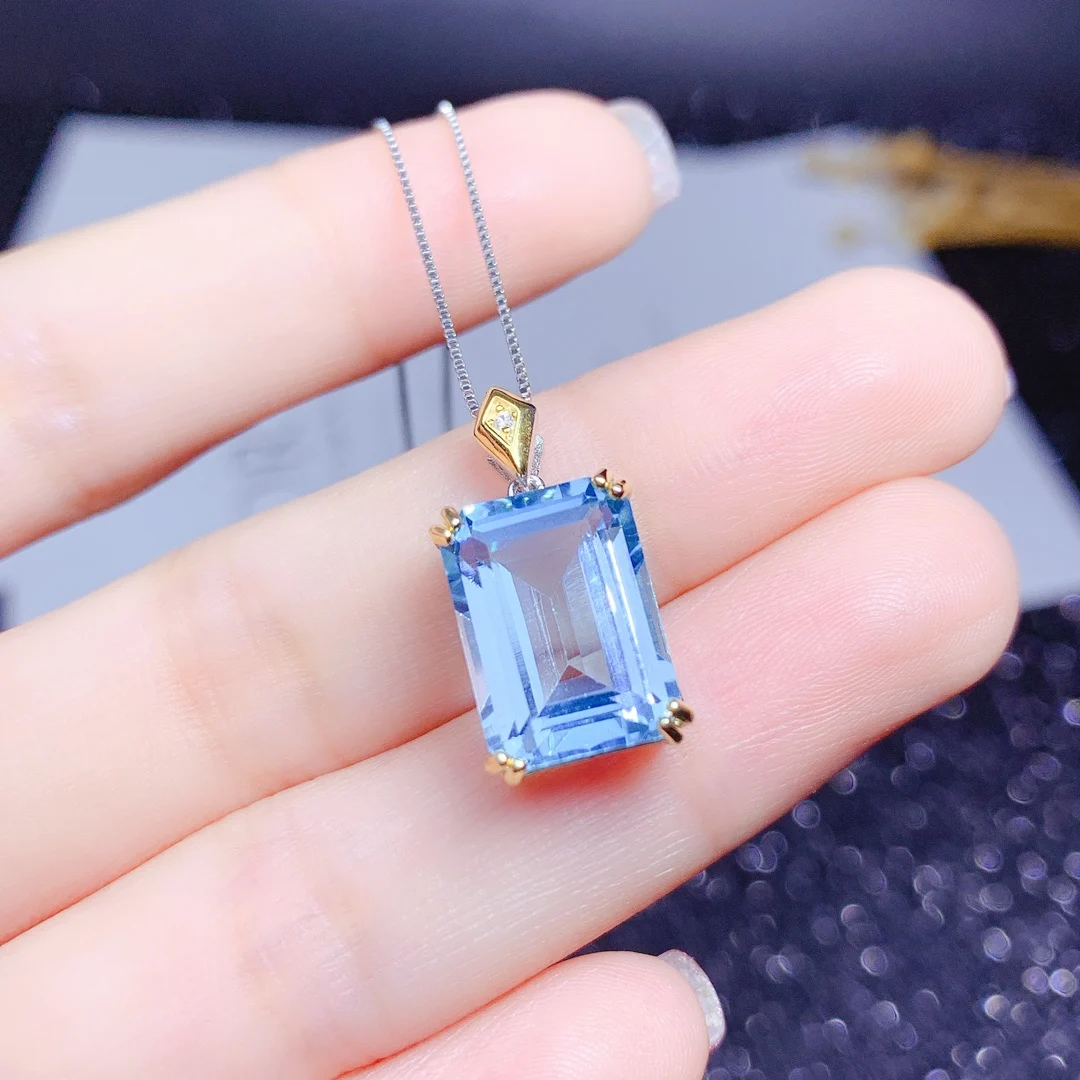 

Fashion 925 Sterling Silver Emerald Cut 10*14 MM Natural Blue Topaz Gemstone Anniversary Simple Pendant Necklace Fine Jewelry