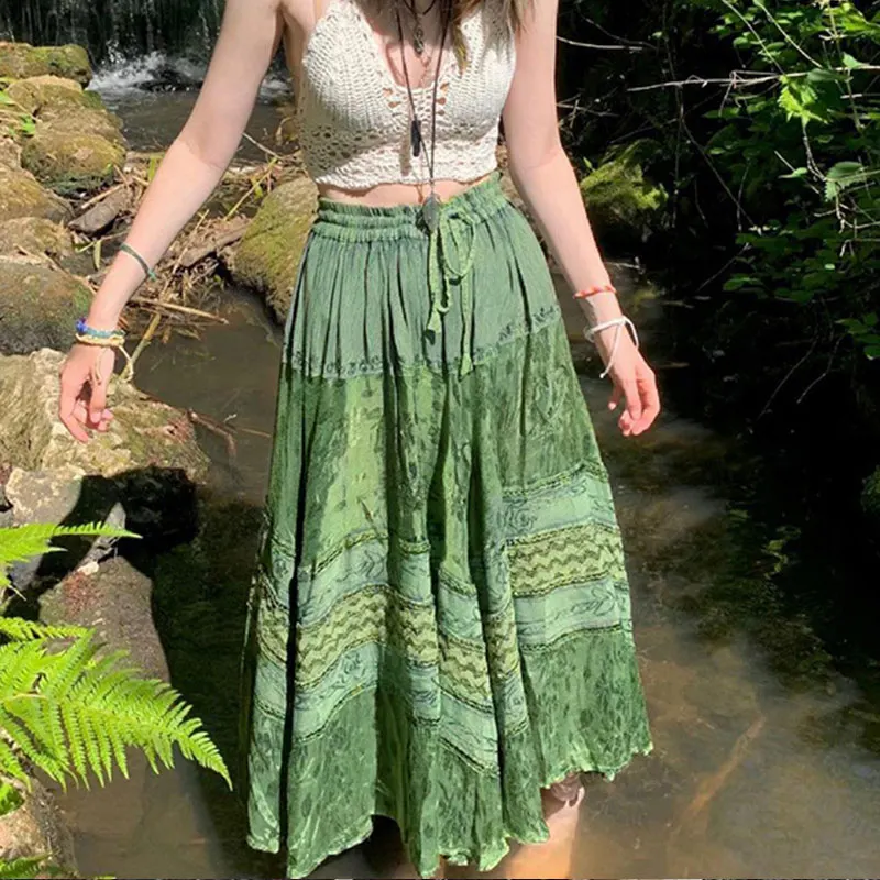 

Women Long Skirts Vintage Green Print Lace Up Pleated Knitted Skirts Bohemian Beach Holiday Chic Female Skirt New Year 2022
