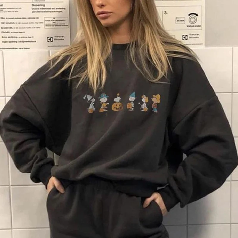 

Black Cartoons Print Autumn Hoodies Women O Neck Sweatshirt 2020 Casual Long Sleeve Pullover Sweatshirts Ladies Leisure Clothes