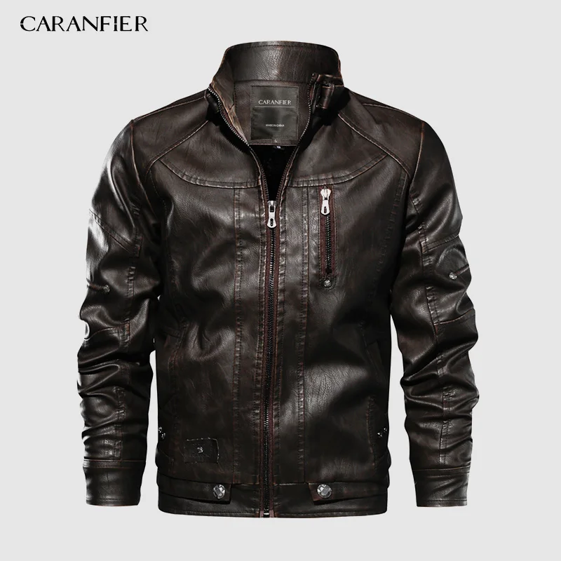 Бренд CARANFIER, тактическая куртка из искусственной кожи, мужская, европейский размер, S-XXL, стоячий воротник, мотоциклетная кожаная куртка, мужские пальто, Прямая поставка - Цвет: Brown