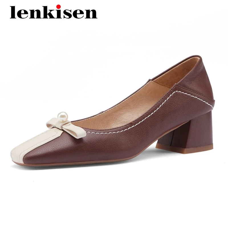 

Lenkisen vintage full grain leather butterfly-knot mixed colors square toe thick med heel slip on dress mature women pumps L57