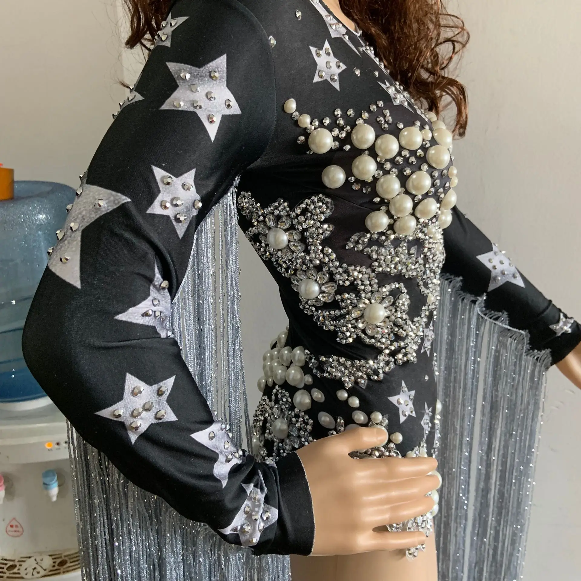 Соблазнительные Черные Звездные боди с длинными кисточками женское трико