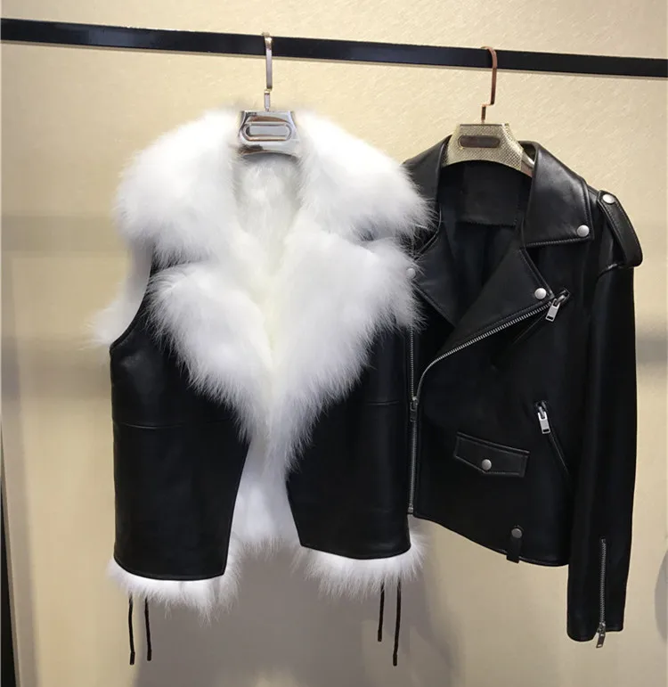 

European style women autumn winter Real Fur leather Chic Biker jackets coat D849