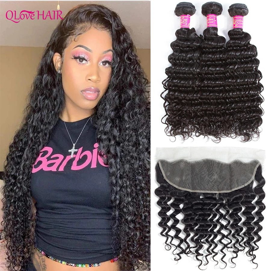

Qlove Hair Deep Wave Bundles With Frontal 13X4 Lace Frontal With Bundles Malaysian Remy Human Hair 3/4 Bundles With Closure