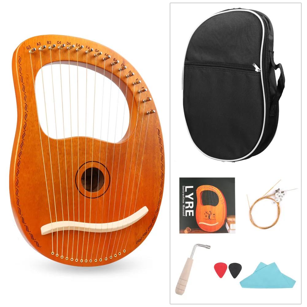 Wooden 16 String Lyre Harp with Tuning Wrench Carry Bag Spare Strings Picks Music instrument for Gift Children Beginner Kids