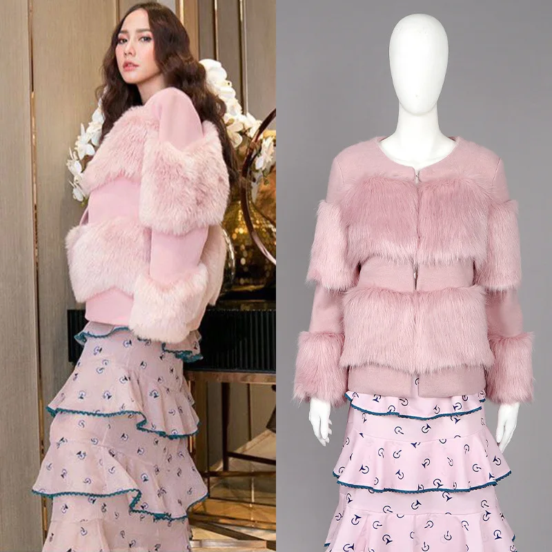 

Fashion pink stitching fur coat women's all-match Hong Kong style blouse za fur coat women winter coat women