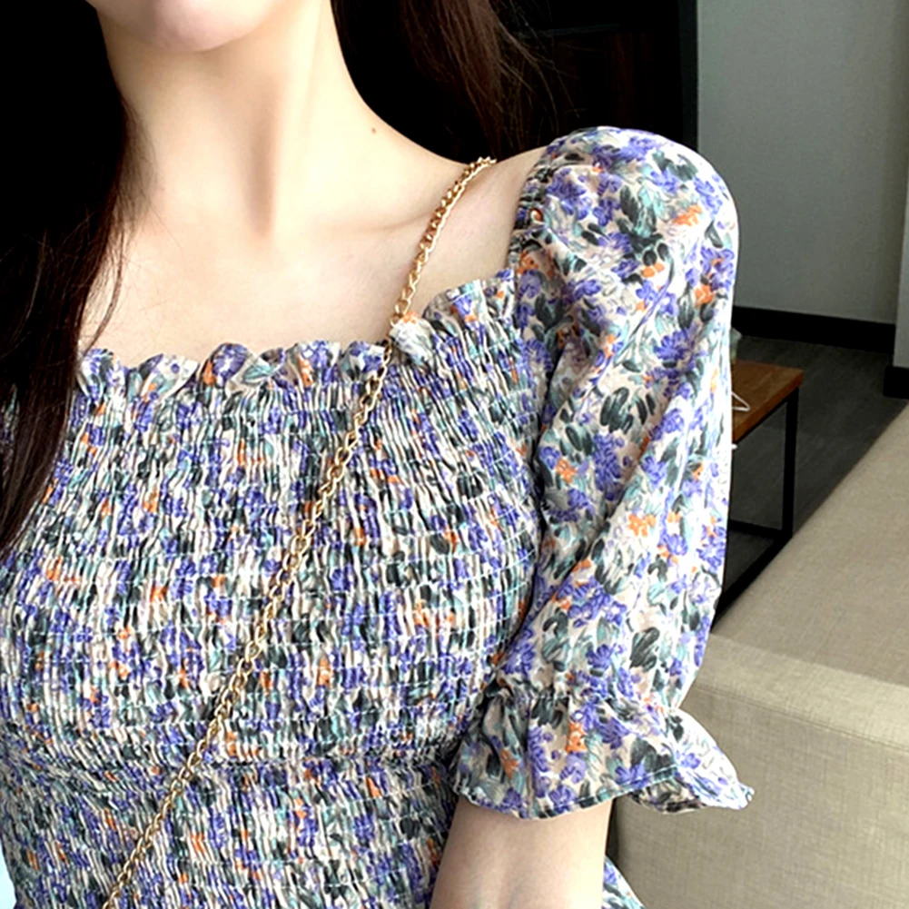 

New Fashion Summer Women Floral Print Short Sleeve Square Neck Off Shoulder Ruffled Blouse female Sexy slim Crop Top