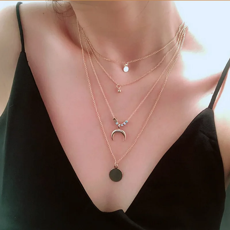 

Gold Pendant With Photo Moon Disc Metal Pendant Necklace Retro Bohemian Tassel Neck Chain Jewelry Pendants for Jewelry Wholesale