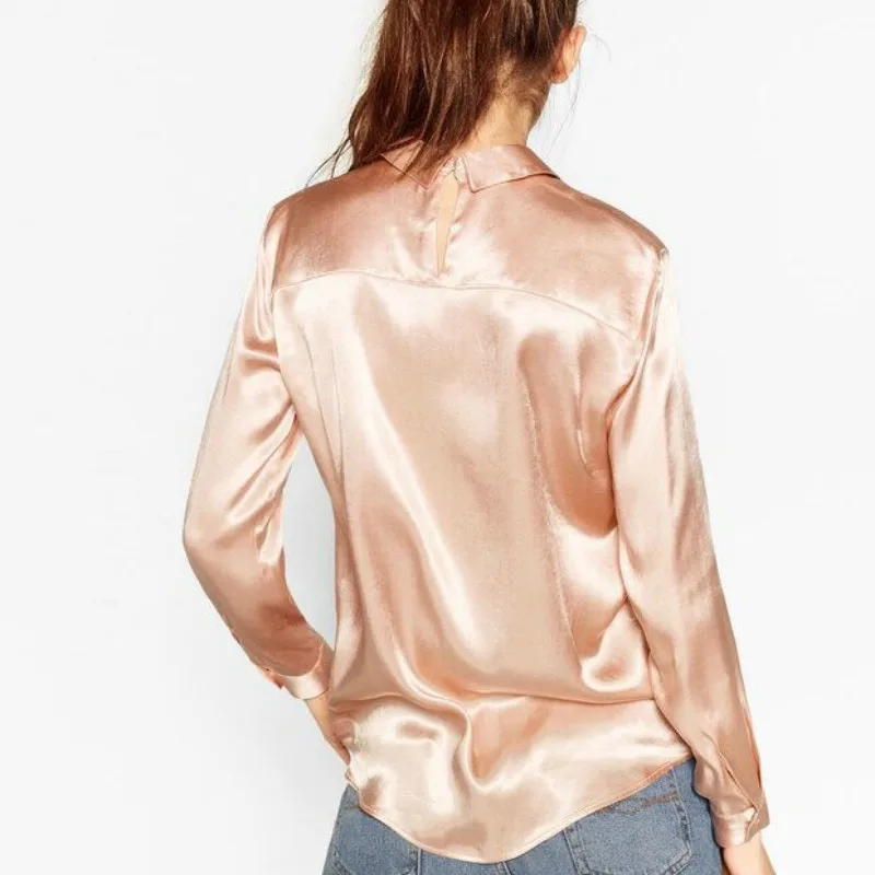 Повседневные Атласные Рубашки шелковые блузки Женский однотонный облегающий
