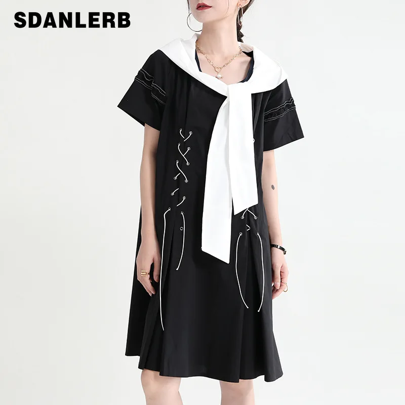 

Платье с матросским воротником на шнуровке, черно-белое контрастное платье, Новинка лета 2021, молодежное французское ретро платье с коротким...