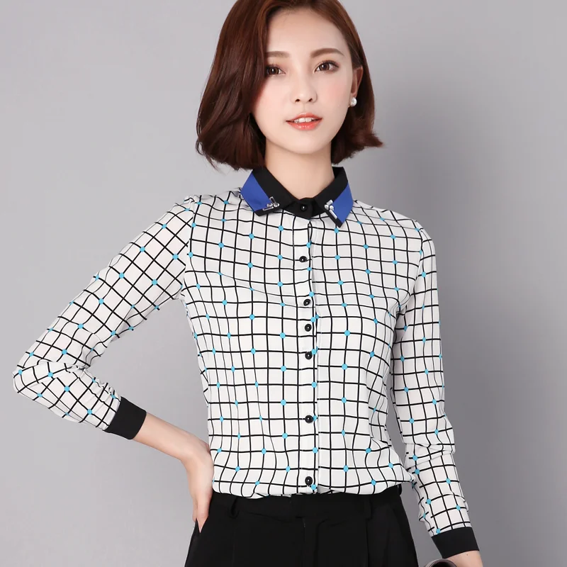 

Polo Shirt Chiffon Slim Women's Blouses Fashion Lattice New Casual Blouse Spring/autumn Buttons Long Sleeve Top Houthion