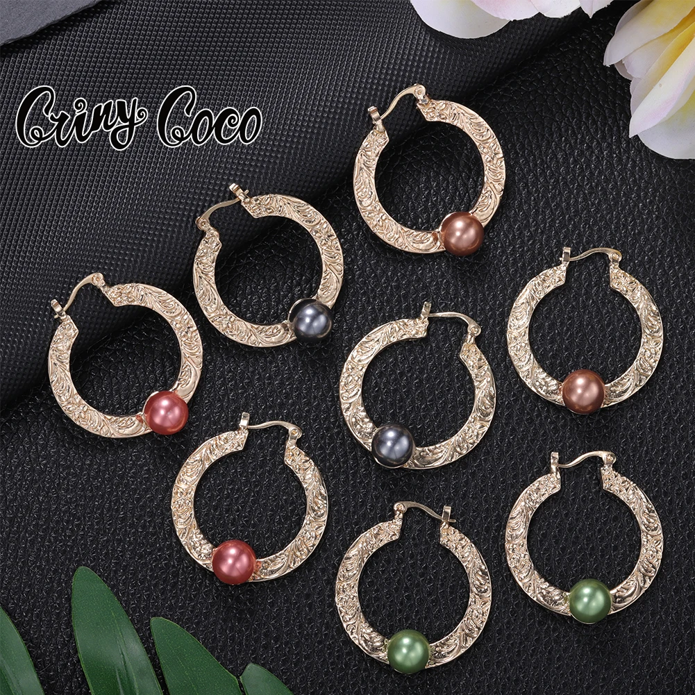 

Cring Coco Hawaiian Polynesian Women Oversize Round Pearl Earrings Metal Fashion New Design Geometric Hoop Earring for Women's