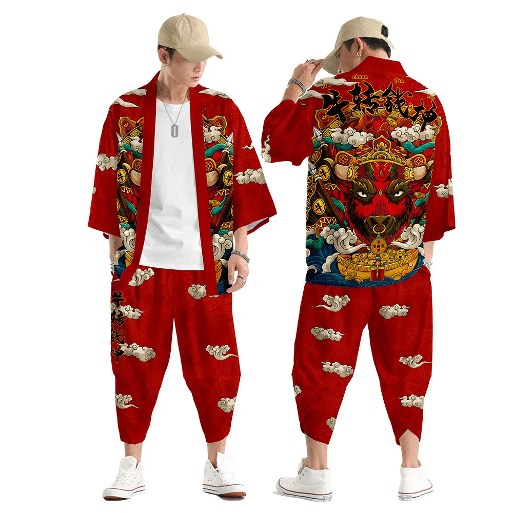 

Traditional Casual Loose Thin Set Coat And Pants Asian Clothes Harajuku Print Kimono Cardigan Men Japanese Kimono