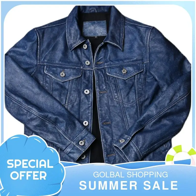 

2021 Vintage Blue Casual Style Genuine Leather Jacket Men Single Breasted Large Size 4XL Real Natural Cowhide Spring Short Coat
