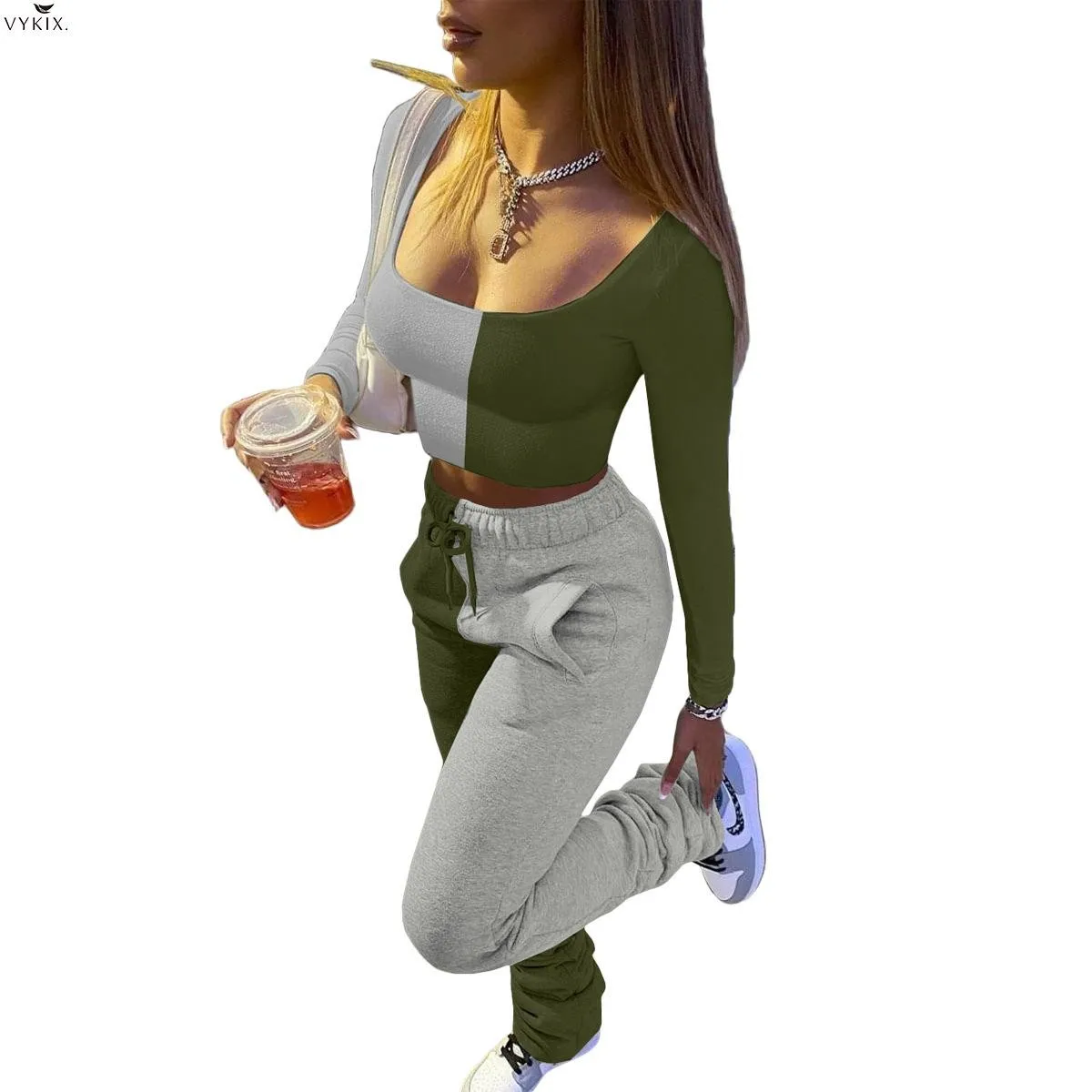 

Sports Active Patchwork Women Two Piece Outfits Long Sleeve Crop Top Ruched Pants Two Piece Set Top And Pants Fitness Tracksuits