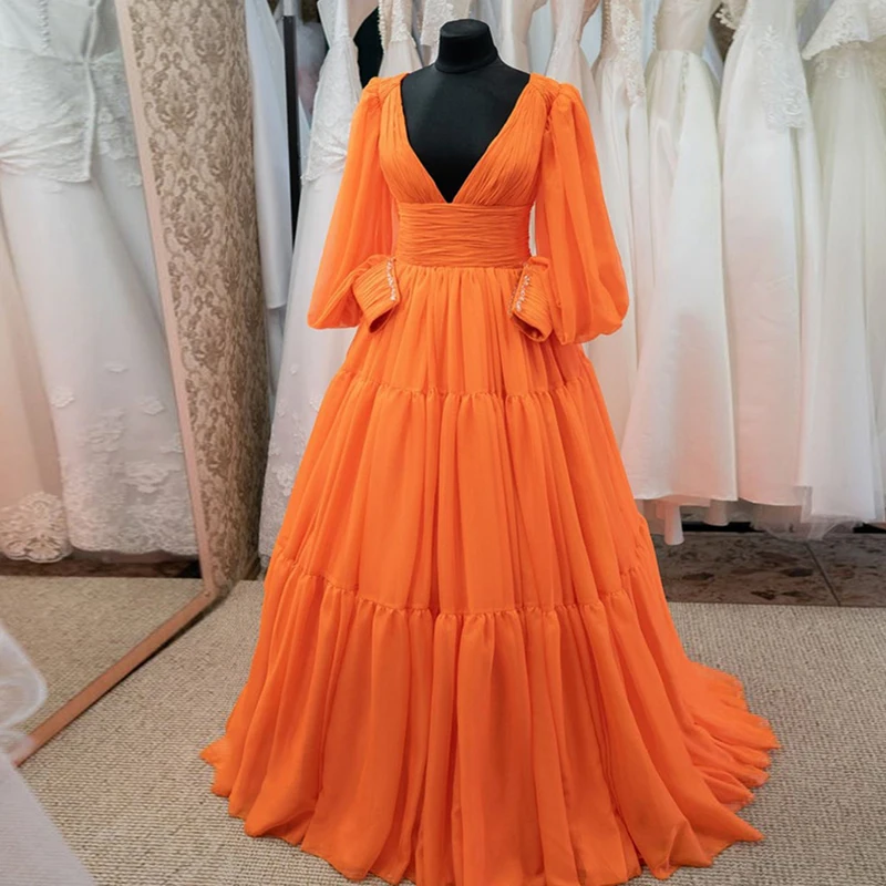 Uzun kollu basit balo kıyafetleri turuncu şifon pileli v yaka A-Line noel abiye Maxi doğum günü partisi elbisesi 2021